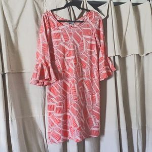 Manuheali'i short 3/4 bell sleeve dress. Size Large. Color is coral pink